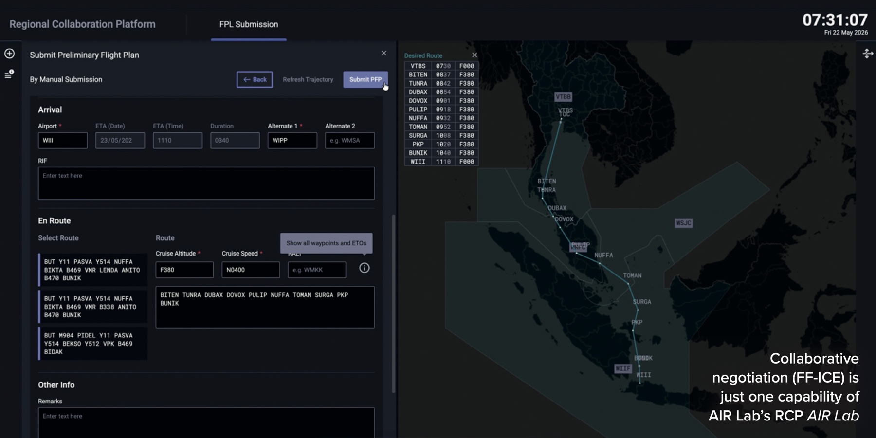 RCP FF-ICE preliminary flight plan submission, as featured in Global Airspace Radar